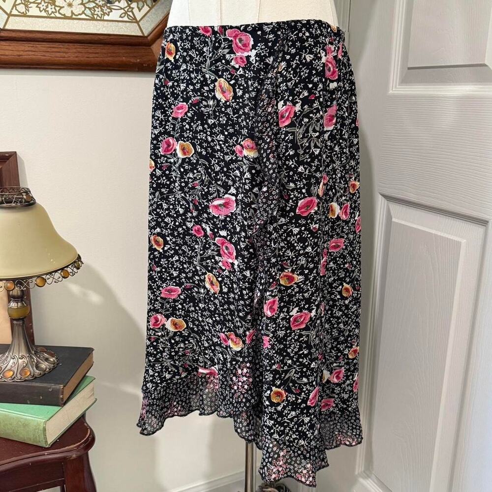 VTG Y2K Requirements Black, White & Pink Ditsy Floral Ruffled Midi Skirt 10/M
